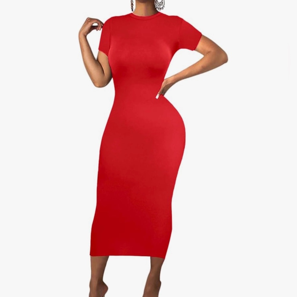 New Vibrant Red Bodycon Short Sleeve Maxi Dress